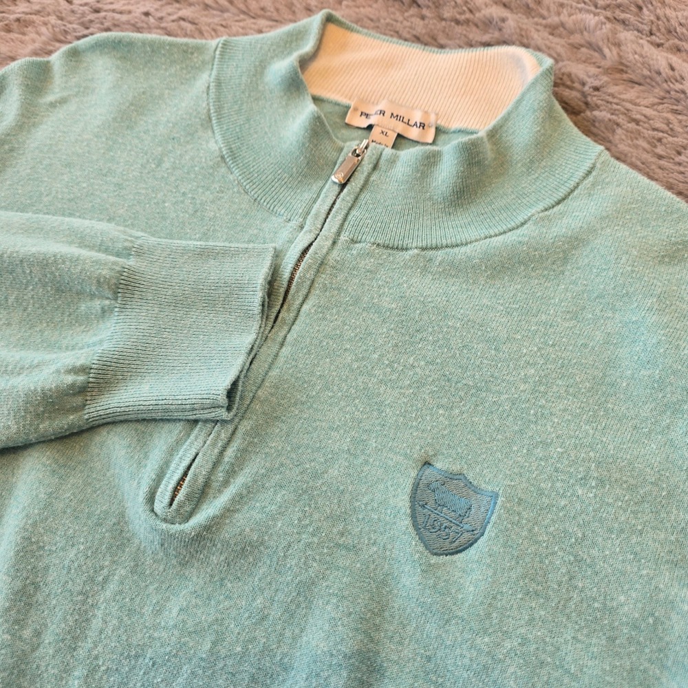 Peter Millar Mens‎ XL Mint Green Silk Blend Quarter Zip Country Club Darien Logo